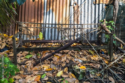 rusty metal fence and broken sofa frames in strewn dry leaves