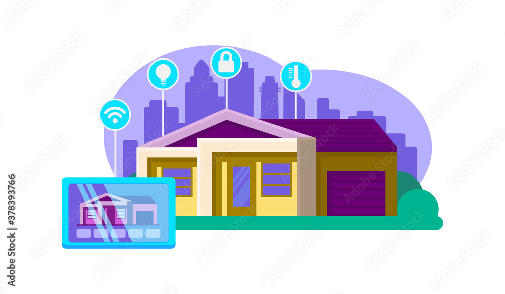 horizontal vector illustration of a smart home system and a tablet with an application for management, climate control, security management, lighting and wifi, on the background of silhouette of city
