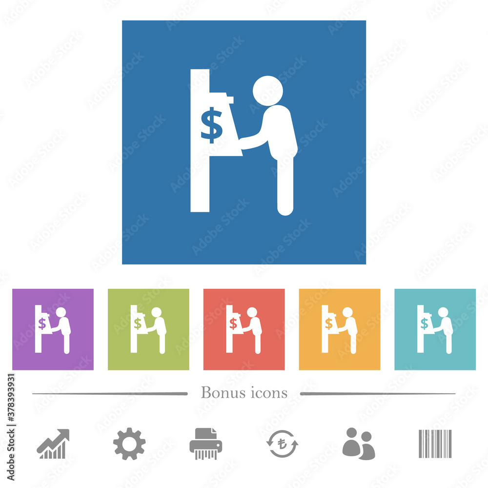 Dollar cash machine flat white icons in square backgrounds