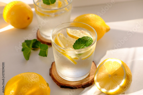 Lemon water with fresh lemons and green plants. Water balance in the body
