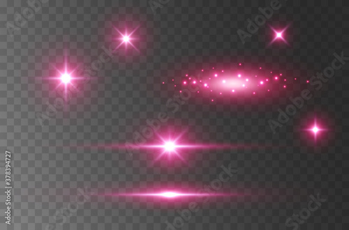 Flare light effect isolated on transparent background. Pink flash lense rays and spotlight beams set. Glow star burst with sparkles