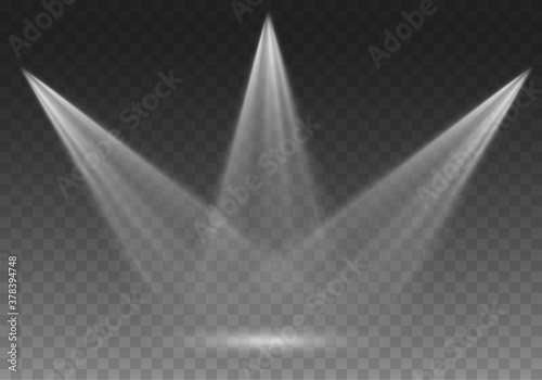 Projector beam effect. Glowing stage light rays isolated on transparent background. Vector bright white scene spotlights