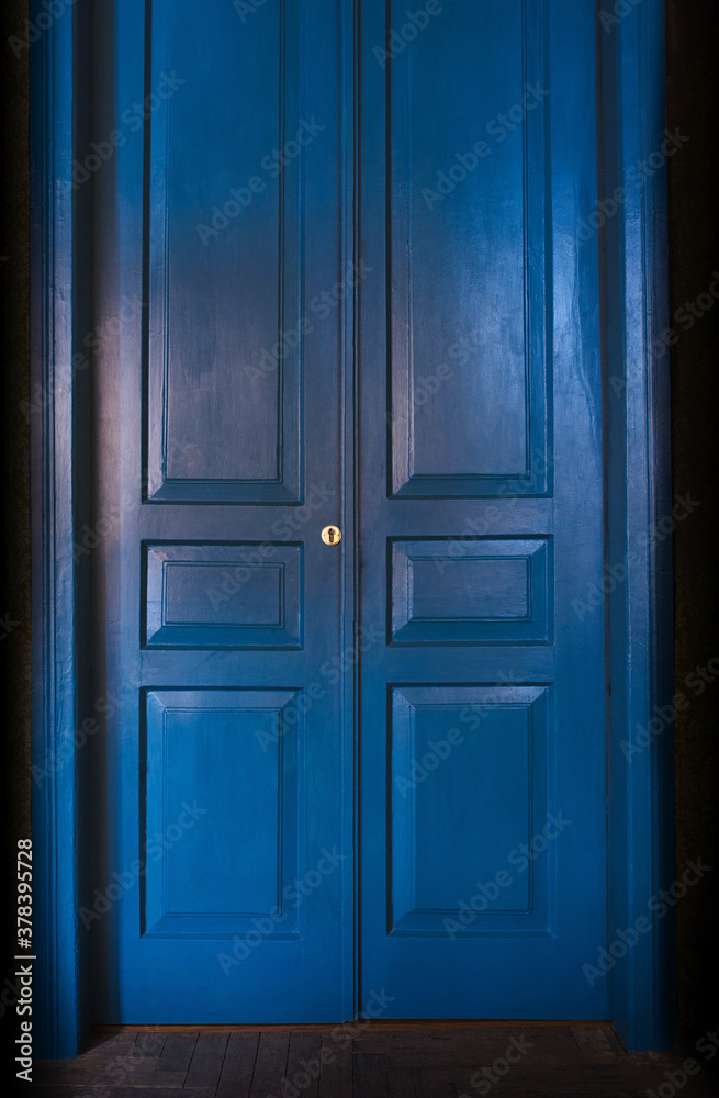 blue massive vintage doors indoor. Old fashioned interior concept 