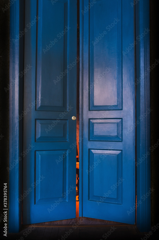 blue massive vintage doors indoor. Old fashioned interior concept 