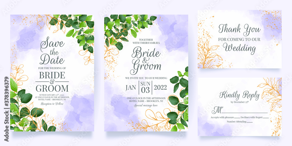 watercolor creamy wedding invitation card template set with golden floral decoration 