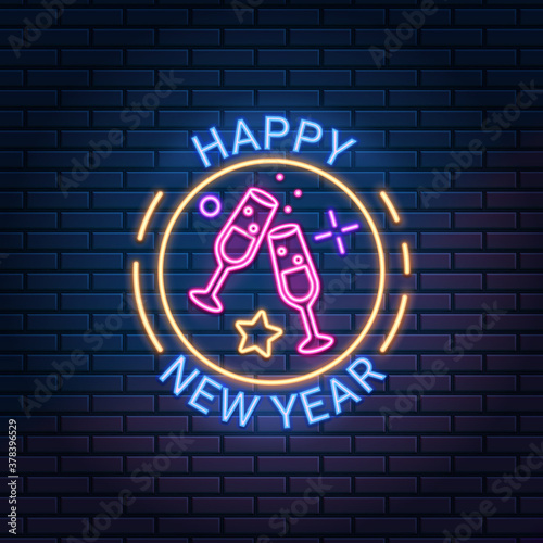 Happy New Year neon sign against dark brick wall background. Winter holiday celebration banner, vector illustration.