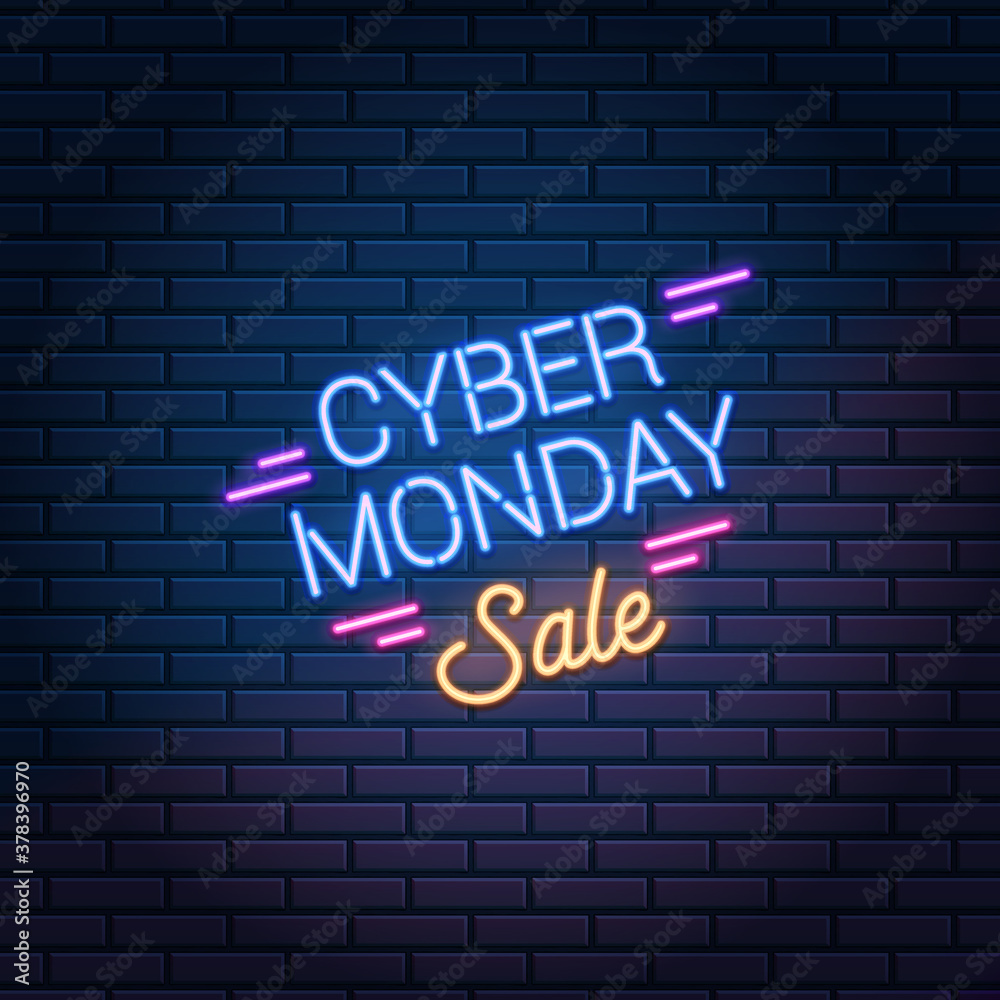 Fototapeta premium Cyber Monday Sale neon sign on dark brick wall background. Super discounts shopping promo, vector illustration.