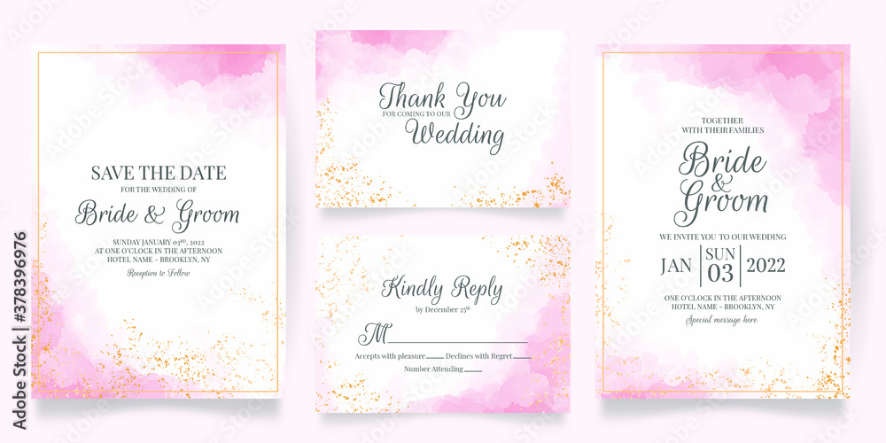 Fototapeta premium watercolor creamy wedding invitation card template set with golden floral decoration