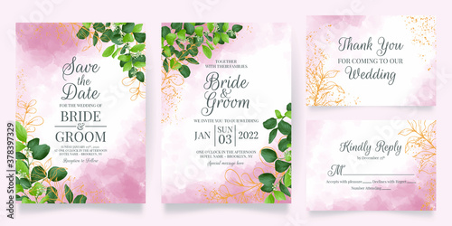 watercolor creamy wedding invitation card template set with golden floral decoration 