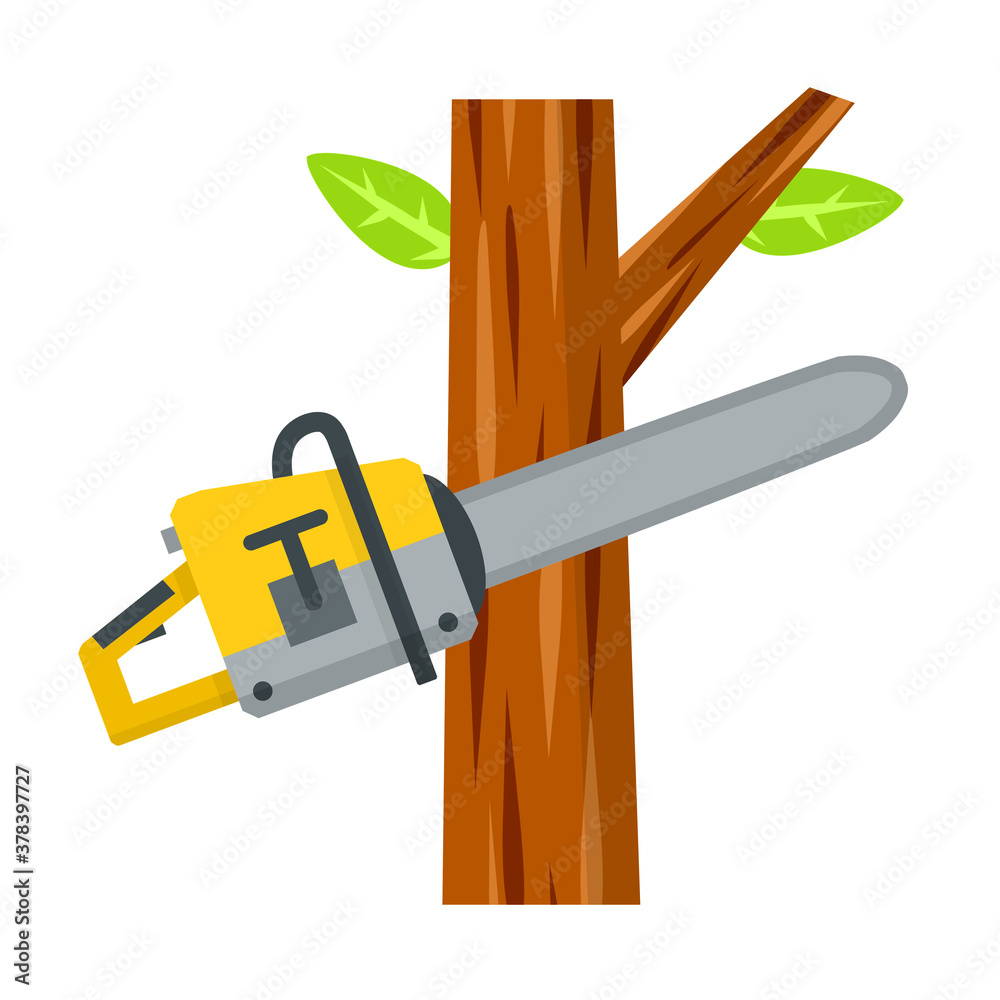 Saw cut tree branch. Woodcutter operation. Harvesting of logs. Yellow chainsaw. A rural object. Flat cartoon illustration. Tool of lumberjack. Care of forest Saw cut tree branch. Woodcutter operation. Harvesting of logs. Yellow chainsaw. A rural object. Flat cartoon illustration. Tool of lumberjack. Care of forest