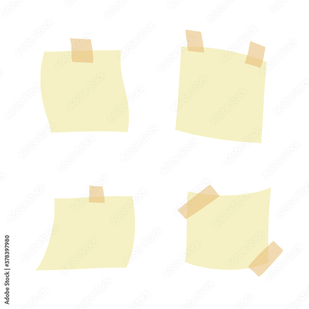 Sticker. Empty piece of paper with sticky tape. Place for reminders and text. Set of objects of different shapes. Blank sheet. Flat cartoon illustration Sticker. Empty piece of paper with sticky tape. Place for reminders and text. Set of objects of different shapes. Blank sheet. Flat cartoon illustration