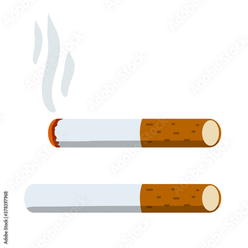 Cigarette. Smoking and a cigarette butt with smoke. Bad habit. Set of Horizontal objects. Harm and health. Flat cartoon illustration isolated on white