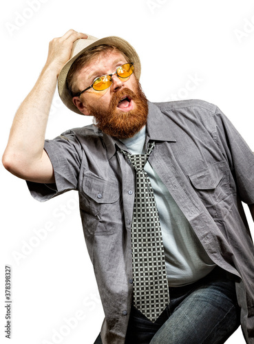 Caucasian single man with beard separated on white photo