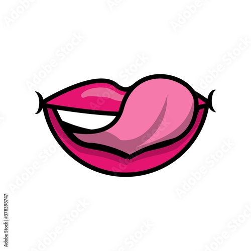 Pop art mouth licking sensually the lips and teeth fill style icon