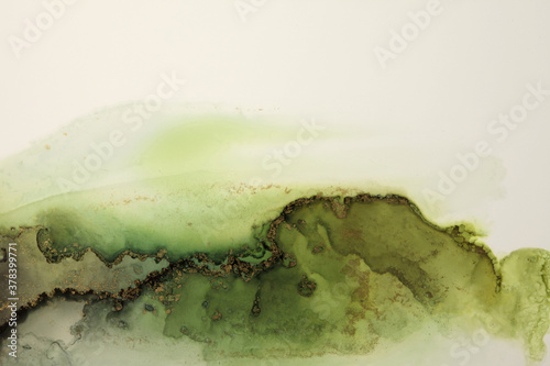 Art Abstract watercolor flow blot painting. Color green and gold marble texture background. Alcohol ink.