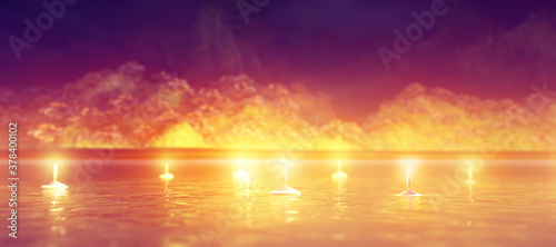 Abstract night background with candles in the water