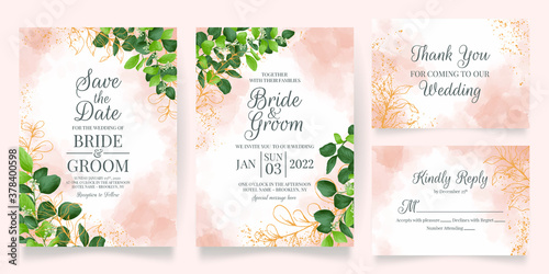 watercolor creamy wedding invitation card template set with golden floral decoration 