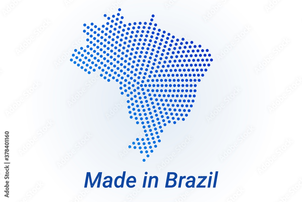 Map icon of Brazil. Vector logo illustration with text Made in Brazil. Blue halftone dots background. Round pixels. Modern digital graphic design.