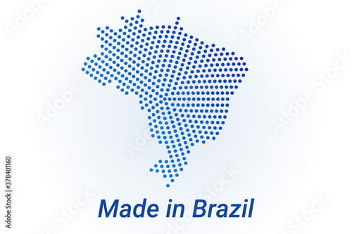 Obraz na płótnie Map icon of Brazil. Vector logo illustration with text Made in Brazil. Blue halftone dots background. Round pixels. Modern digital graphic design. w salonie