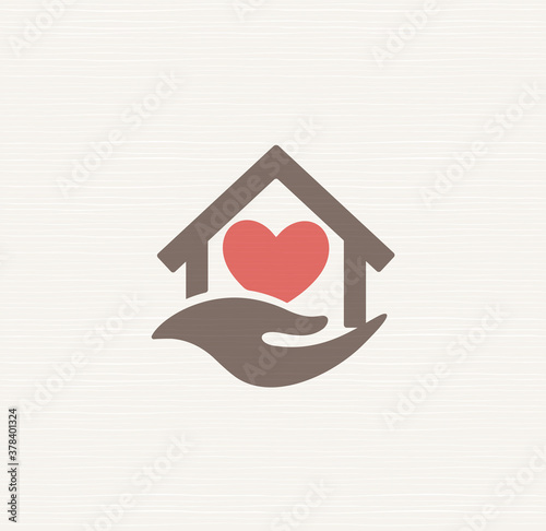 House with heart inside house and caring hand, vector sign. Symbol care for elderly at home, care logo template for loved ones, pensioners, injured, elderly and disabled. Isolated vector logotype