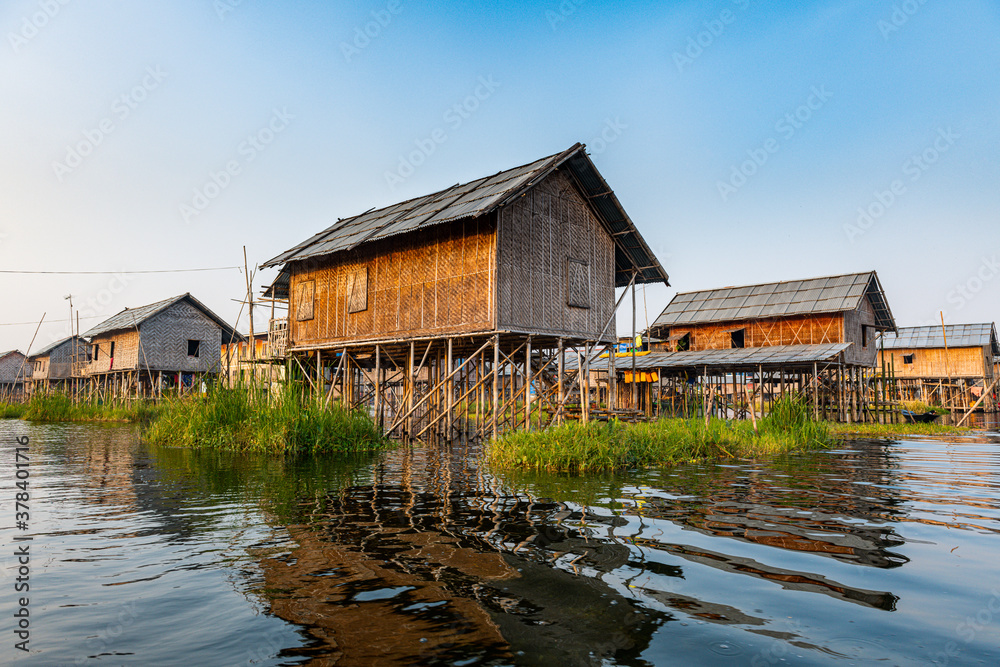 Myanmar, Shan state, Nampan, Stilt houses on Inle lake Myanmar, Shan state, Nampan, Stilt houses on Inle lake
