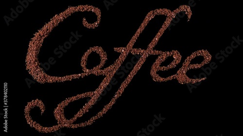 Coffee inscription. Coffee lettering. writing coffee using ground coffee  . Stop motion animation. 4k transparent background.