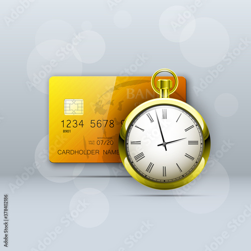 Credit card & gold pocket watch on chain banner. Banking old breguet clock icon. Finans timepiece icon. Plastic card software chronometer badge. Debit chip card with stopwatch. Electronic money timer