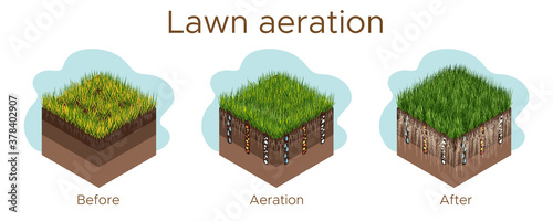 Lawn care - aeration and scarification. Labels by stage-before, during, and after. Intake of substances-water, oxygen, and nutrients to feed the grass and soil. Vector isometric illustration isolated. photo