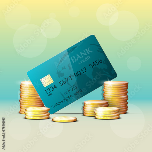 Credit card & gold coins banner. Banking hidden treasures icon. Finans riches icon. Plastic card software wealth badge. Debit card with electromagnetic chip. Privacy Electronic money funds transfer.