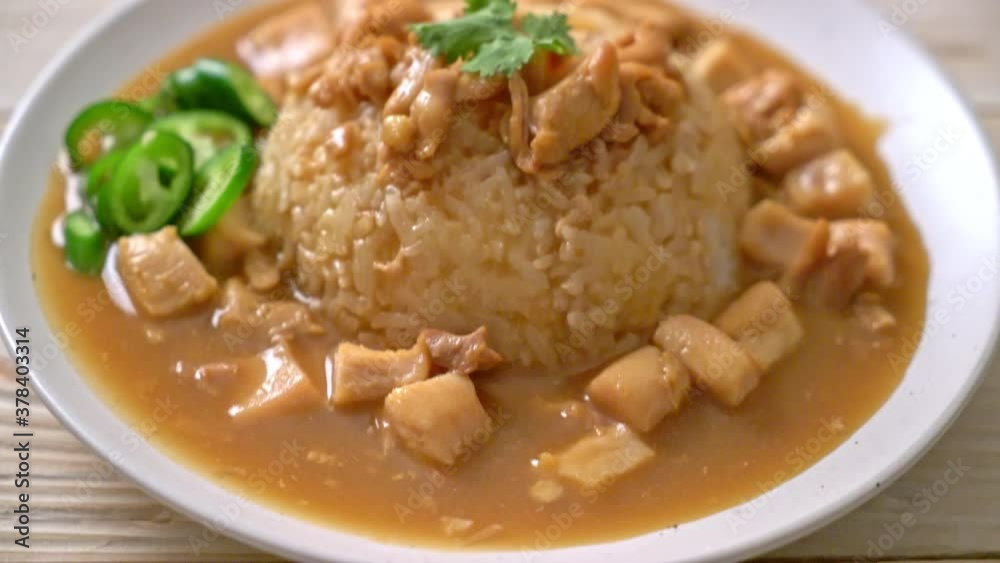 Chicken in brown sauce or gravy sauce with rice - Asian food style Chicken in brown sauce or gravy sauce with rice - Asian food style