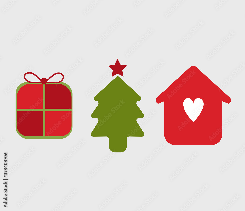 Fototapeta premium Illustration of thee icons, symbols of Christmas season. Christmas tree, gift package and home family with love.