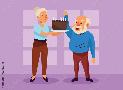 old couple with sweet cake active seniors characters