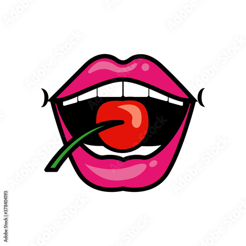 Pop art mouth biting cherry fill style