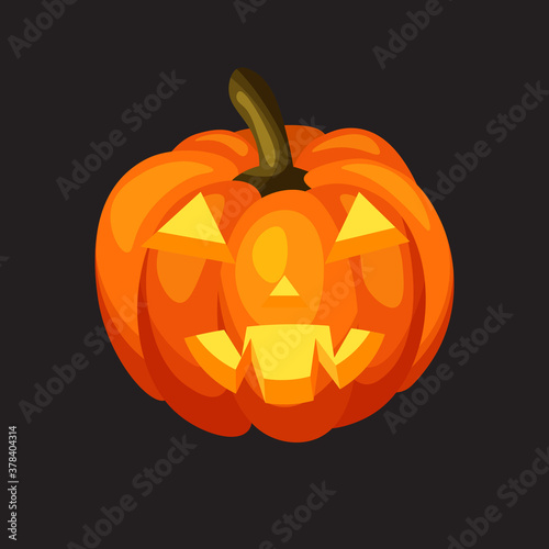 Halloween pumpkin with a cut-out grimace isolated on dark background. Happy Halloween concept or template. Autumn holidays. Vector Illustration.	