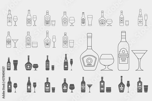 Alcohol drink Icons set - Vector outline symbols and silhouettes of glass, bottle, wine, beer, champagne, whiskey, vodka, cognac and others for the site or interface