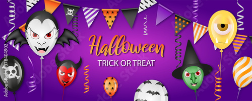 halloween party banner with balloons, pennants and streamers