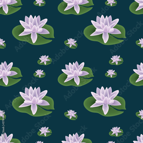 Floral seamless pattern with lotuses on trendy navy background.Cute ornament with incredibly beautiful water flowers.For fabrics,linen,clothes,wrapping paper.Rich summer background.Vector illustration