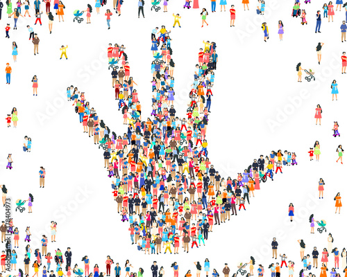 People hand sign, happy group of people, life forum. Vector