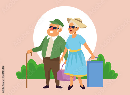 old couple with suitcases in the camp active seniors characters