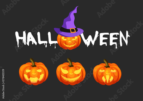 Happy halloween hand drawn calligraphy and pumpkin with cut-out grimace isolated on black background. Smudged text.