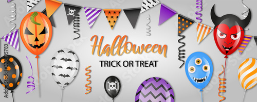 halloween party banner with balloons, pennants and streamers