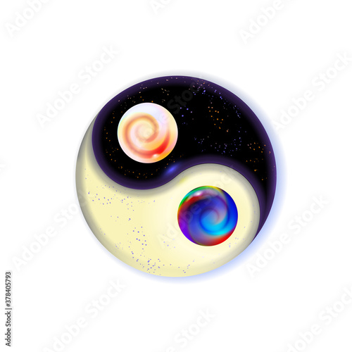 Modern contrast cosmic concept Yin and Yang mandala. In a basis illuminated colorful art swirl balls isolated on white background. Ornamental spiritual relaxation. Luxury vector illustration.