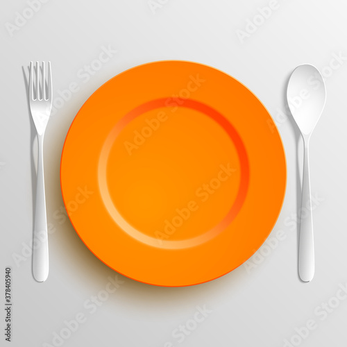 Plate, spoon and fork isolated on napkin background. Canteen icon. dining room badge. buffet icon. Here you can eat picture. Fast food restaurant badge. illustration