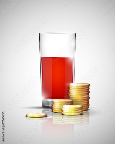 Glass of drink with pile gold coins on bottom. Savings when choosing a drink