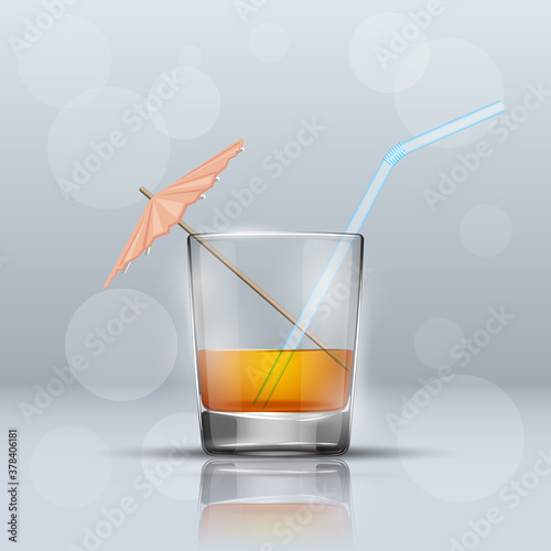 Glass cold drink alcohol & straw. Bright soda & umbrella. A glass of lemonade or fruit juice with umbrella. Cold iced tea. Bar with a glass of cocktail fizzy water drink with straw