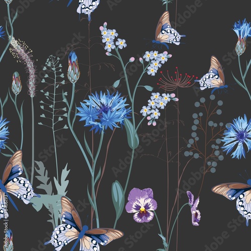 Cornflower, viola, forget-me-not flowers, butterfly and herbs. Floral seamless pattern with butterfly and wild flowers and herbs on a black background. © Iuliia