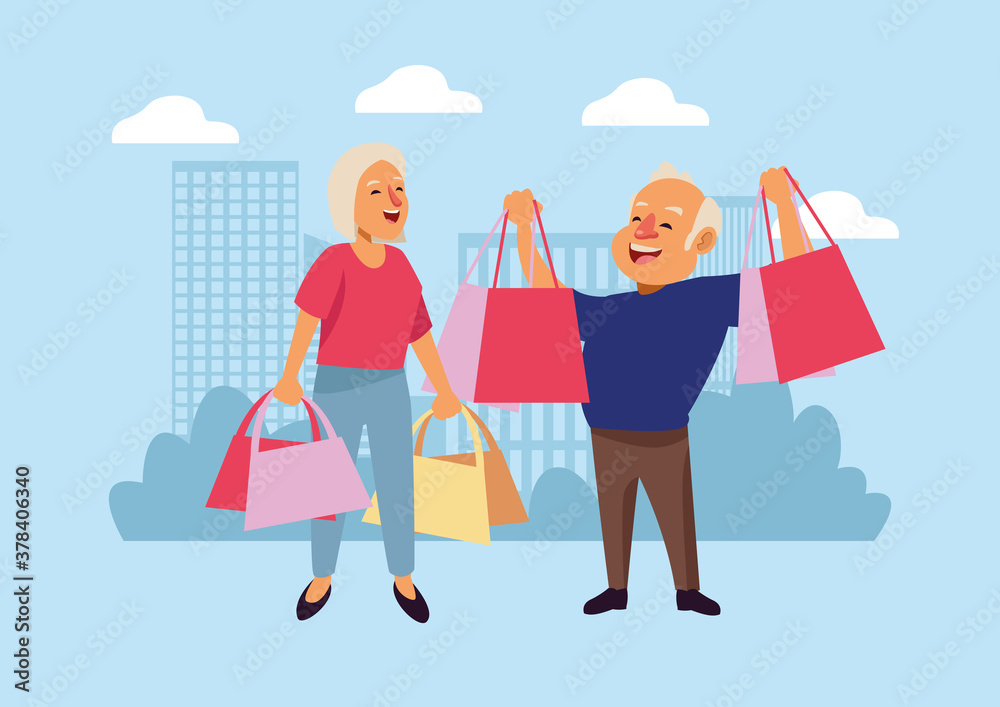 old couple with sopping bags on the city active seniors characters