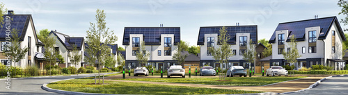 Residential estate with solar panels on the roof. Electric car parking