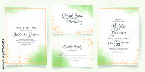 watercolor creamy wedding invitation card template set with golden floral decoration 