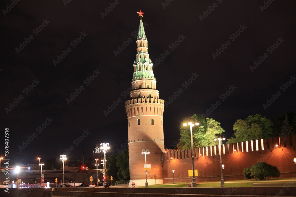 Fototapeta premium Colorful panorama of the Moscow Kremlin at night. Night city lights